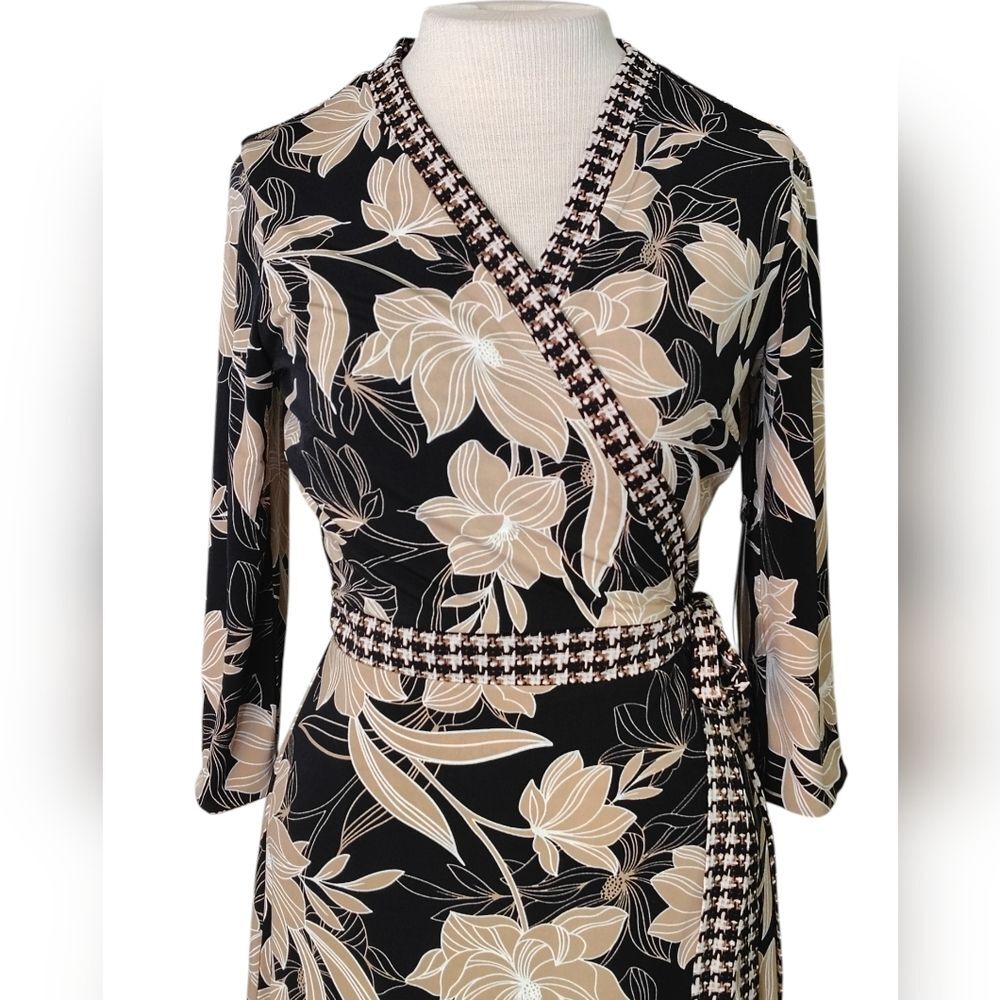 NWT White House Black Market Black Tan Floral Houndstooth Reversible Wrap Dress - Picture 7 of 15